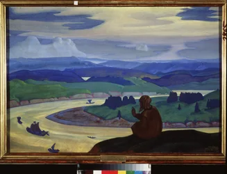 Procopius the Great (ou The Tondu) (ca. 1380-1434) reza por viajantes desconhecidos. Trabalho de Nicholas Roerich (1874-1947), tempera a bordo