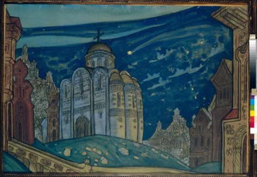 Você pode Decoração para a ópera "Príncipe Igor" de Alexander Borodin (Borodin) (1833-1887). Obra de Nicolas (Nicholas) Roerich (1874-1947), guache e têmpera sobre papel