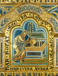 Aarão coloca uma vasilha de ouro com maná na Arca da Aliança, como recordação das peregrinações dos israelitas no deserto