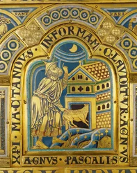 Agnus Pascalis, o Cordeiro simbólico da Páscoa ... (placa de esmalte em técnica champleve sobre cobre dourado)