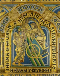 Ascensão do Profeta Eliah, do Altar de Verdun ... (placa de esmalte em técnica champleve sobre cobre dourado)
