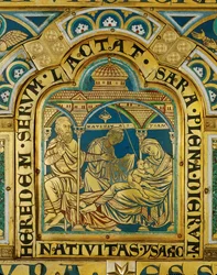 Nascimento de Isaac de Abraão e Sara (técnica de champsleve, esmalte sobre cobre dourado)