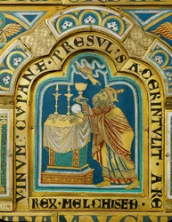 O rei-sacerdote de Salém, Melquisedeque, sacrifica pão e vinho ... (esmalte sobre cobre dourado)