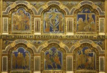 O altar de Verdun de Nicolau de Verdun (c. 1130/50-1205), concluído em 1181, Klosterneuburg, Áustria, painéis esmaltados