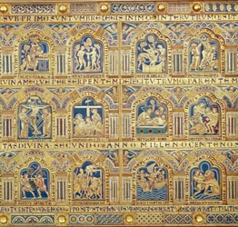 O altar de Verdun, detalhe de painéis decorativos que descrevem cenas bíblicas, 1181 champleve enamelwork