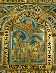 O nascimento de Sansão, Manoá com um chapéu de judeu medieval ... (esmalte sobre cobre dourado)