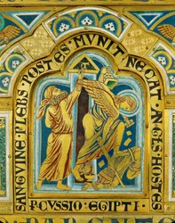Décima praga do Egito: os israelitas pintam as ombreiras das portas com o sangue do cordeiro da Páscoa ... (esmalte sobre cobre dourado)