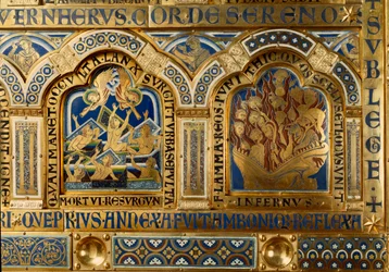 Altar de Verdun feito em ouro e enamaille por Nicolas de Verdun (ca.1130/50-1205): cenas do Antigo e do Novo Testamento: detalhe retratando os mortos deixando seu túmulo no Dia do Juízo Final e as represas queimando nas chamas do Inferno. Século XII Kl