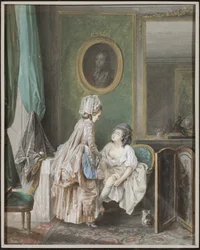 Femme enfilant ses bas - Mulher a puxar a meia, de Lafrensen, Niclas (Nicolas Lavreince) (1737-1807). Gouache sobre papel