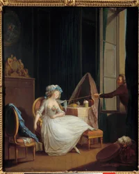 Amor frívolo Um homem que descobre o peito de uma jovem mulher que está dormindo no peito. Pintura de Niklas Lavreince (1737-1807). Paris do século XVIII. Musee Cognacq Jay