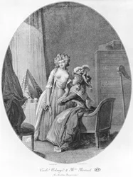 Madame de Merteuil seduzindo Cécile Volange, ilustração de «As Ligações Perigosas» de Pierre Choderlos de Laclos (1741-1803), gravada por Romain Girard (n. c. 1751), 1782