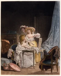 A comparação. Duas mulheres comparam o tamanho dos seus seios. Gravura de Nicolas Lavreince (1737-1807), cerca de 1782.
