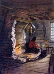 Noruega: Making the Dinner, a Cottage Interior at Saelbo (cor litho)