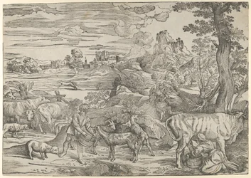 Paisagem com uma leiteira à direita e um menino à esquerda, ca. 1535-40., c. 1535-40.