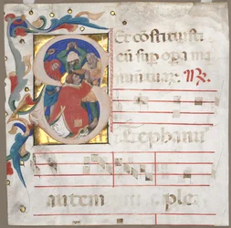 Fragmento de um antifonário com inicial historiada S: O apedrejamento de Santo Estêvão, c. 1370-1372.