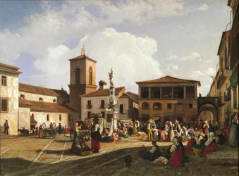 Benevento (Região da Campânia), Praça Orsini com o campanário da Catedral e a fonte dedicada ao Papa Orsini (óleo sobre tela)