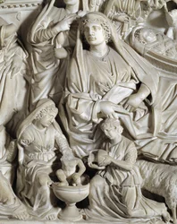 La nativite (natividade) Cadeira realizada por Nicola Pisano (1215/20-1278/84) (Púlpito de mármore) 1260 Baptistere Saint John of Pisa, Itália