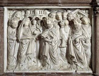 Apresentação de Jesus ao templo (Apresentação de Jesus ao templo) Cadeira realizada por Nicola Pisano (1215/20-1278/84) (Púlpito de mármore) 1260 Baptistere Saint John of Pisa (Battistero san Giovanni di Pisa), Itália
