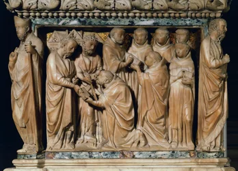 Os Apóstolos Pedro e Paulo aparecem a São Domingos, relevo decorativo de Arca di San Domenico, de Nicola Pisano e sua oficina, mármore, Capela de San Domenico, Basílica de San Domenico, Bolonha, Emilia-Romagna, Itália