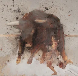 Touro com toureiro, 2019 (óleo e combustão sobre madeira)