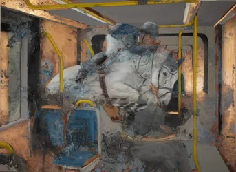 Cavalo branco a saltar num comboio, 2023 (óleo sobre cobre)