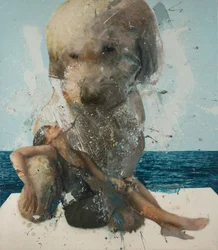 Mulher com cão e mar, 2019 (óleo sobre tela)