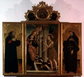 Tríptico: painel central representando a Anunciação com Deus acima e painéis laterais contendo as figuras de dois santos (tempera no painel)