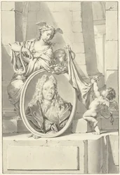 Putti e uma mulher perto de um medalhão com o retrato de Arnold Houbraken