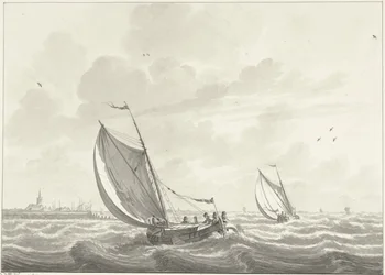 Navio a vela no Maas, ao longe as aldeias de Oud e Nieuw Beijerland