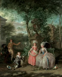 Um retrato de grupo de uma família em um jardim ornamental, 1791
