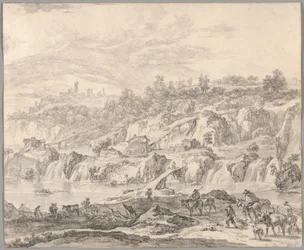 Paisagem com cachoeiras e pontes, camponeses em primeiro plano