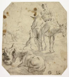 Mulher e criança num burro, homem, cães, cavalos