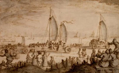 PD.851-1963 Prins Maurits dos iates terrestres de Nassau na praia de Scheveningen, c.1614-15 (tinta e lavagem)