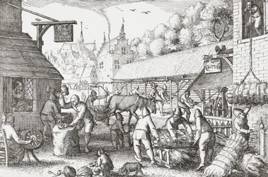 Aldeões holandeses do século XVII fazendo corda