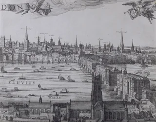 Panorama de Londres e do Tâmisa, parte três mostrando Southwark, London Bridge e as igrejas na cidade, c.1600 (ver também 7214, 64730 e 64732)
