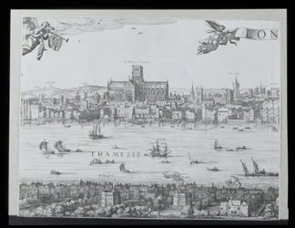 Panorama de Londres e do Tamisa, parte dois, mostrando a Catedral de St. Paul e o Globe Theatre, c. 1600 (ver também 64730-32) (para detalhes ver 92085)