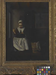A Girl Sewing (óleo sobre madeira)