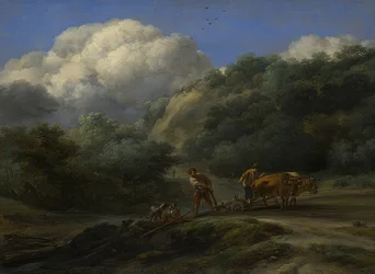 Um homem e um menino aram com bois. Por volta de 1650