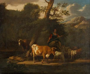 Pastora com vacas debaixo de uma árvore