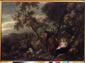 "Le reposant durant la fuite en Egypte" (Descanso no Voo para o Egipto) Peinture de Nicolaes Pietersz Berchem (ou Berghem) (1620-1683) 17eme siecle Musee Pouchkine Moscou
