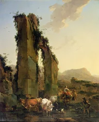 Camponeses com gado em um aqueduto em ruínas, c.1655-60 (óleo sobre tela)