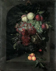 Ganhos de uvas, pêssegos, ameixas e cerejas com um caracol em um nicho de pedra com um monte de damascos e abelhas em uma borda, 1666