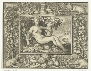 Elemento Terra como mulher nua com cornucópia. Terra (título no objecto). Os quatro elementos (título da série)