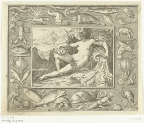 Elemento de água como mulher perto da nascente com peixe
Aqua (título sobre o objecto)
Os quatro elementos (título da série)