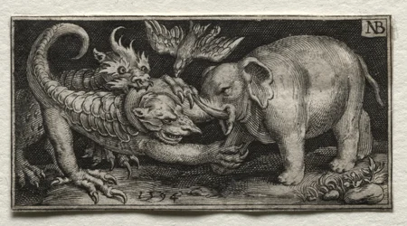 Elefante que luta contra duas bestas, 1594.