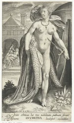 Lucretia met dolk tegen haar borst
Inter ethnicas hae tres nobilitatis palmam ferunt Lvcretia (título sobre o objecto)