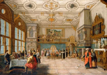 Lázaro na porta de uma sala de banquetes com figuras elegantes, 1622