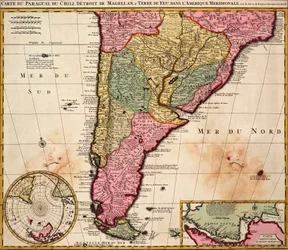Carta do Paraguai, Chile, Estreito de Magalhães e Terra do Fogo na América do Sul, c.1720 (gravura colorida)