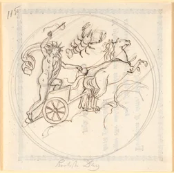 Apollo dirigindo sua carruagem solar para cima; acima do signo celestial de Câncer; emoldurado circularmente; produz o dia mais curto