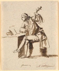 O poeta inglês Gower sentado com um alaúde em uma mesa na qual Heródoto está esparramado
